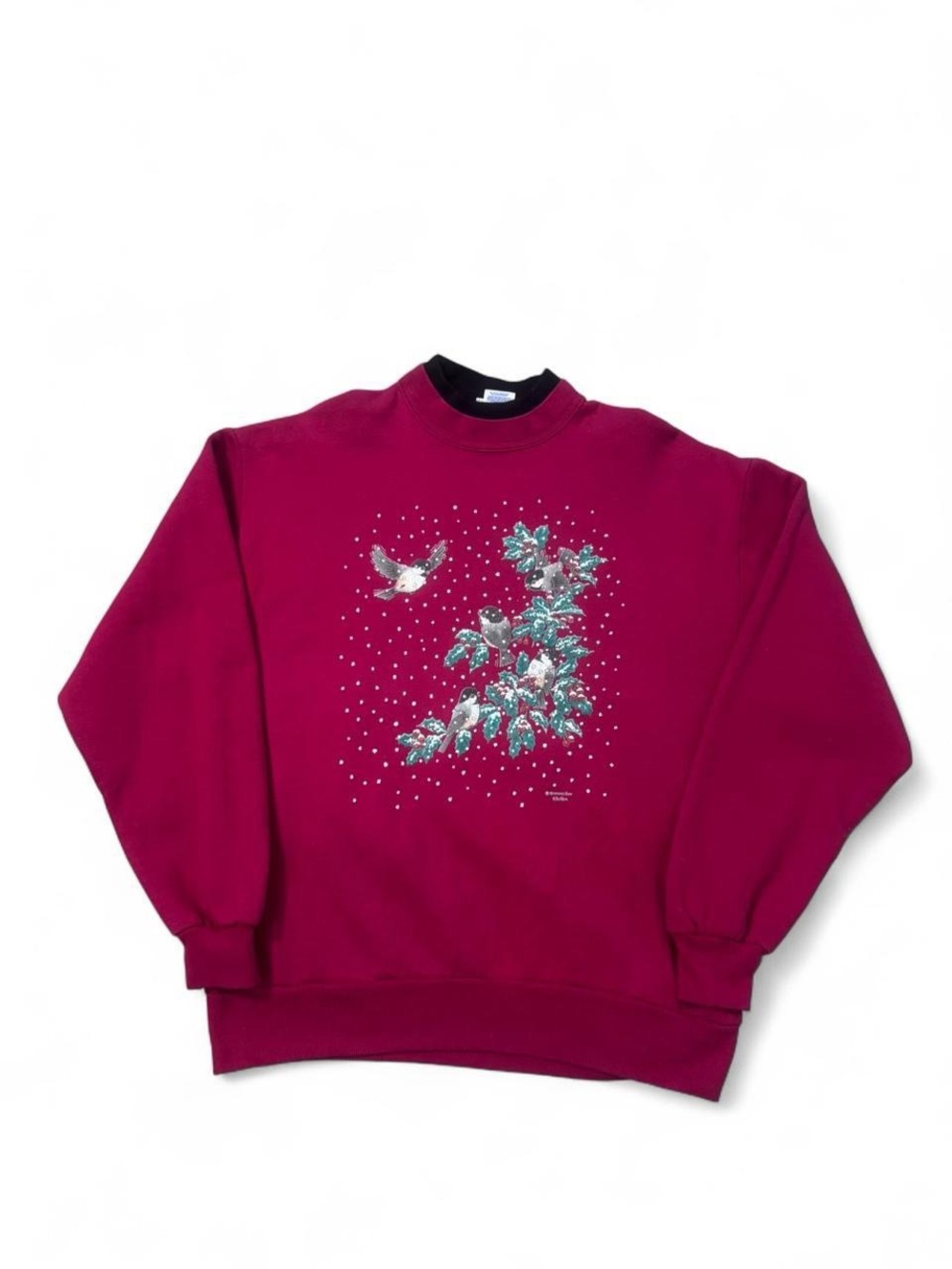 Vintage 90s morning sun bird winter scene crewneck double collar red L women’s